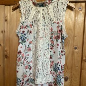 Floral Lace Sleeveless Top - White and Pink